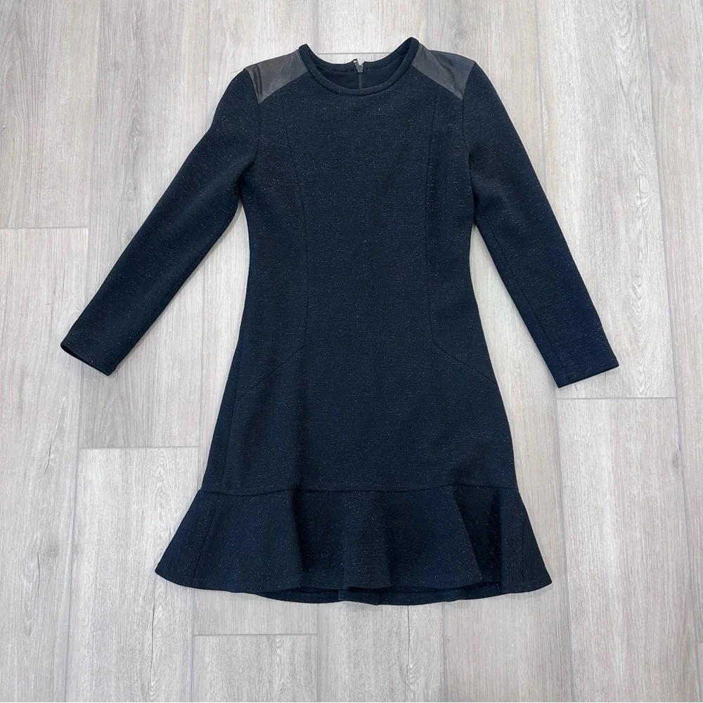 Sandro long sleeve metallic ruffle dress blue black size 1 US small